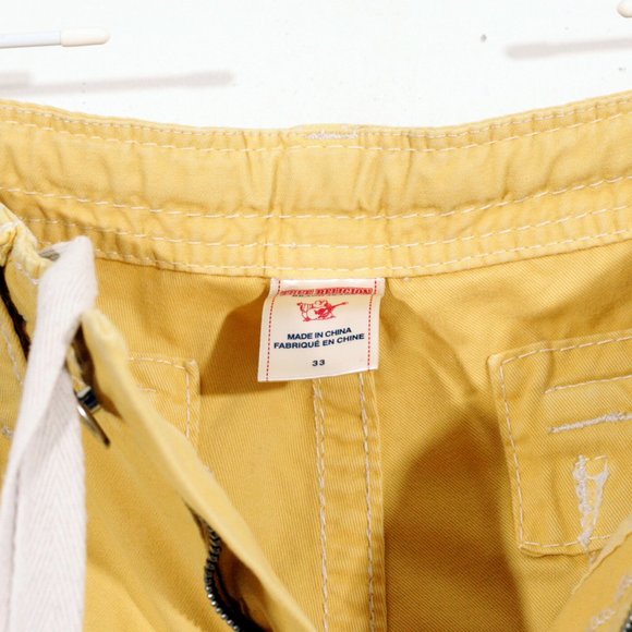 True Religion Mens Issac Cargo Bright Yellow Shorts Cut Off Drawstring Cotton 33 - Picture 8 of 15